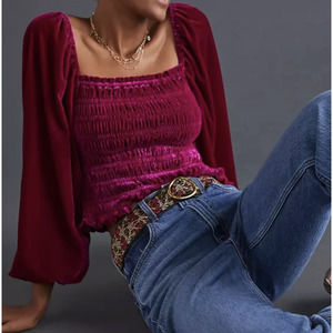 Anthropologie Red Velvet Smocked Blouse XL